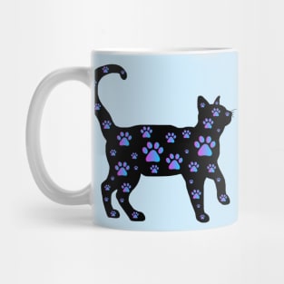 Blue Purple Paw Print Black Cat Silhouette Mug